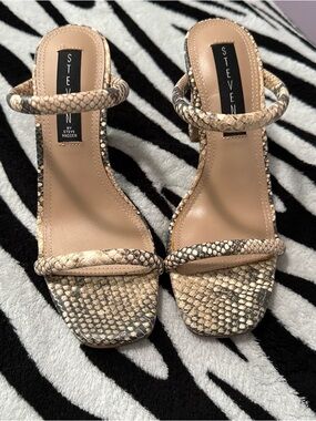 Steve Madden Snake-Print Strappy Heeled Sandals in Beige